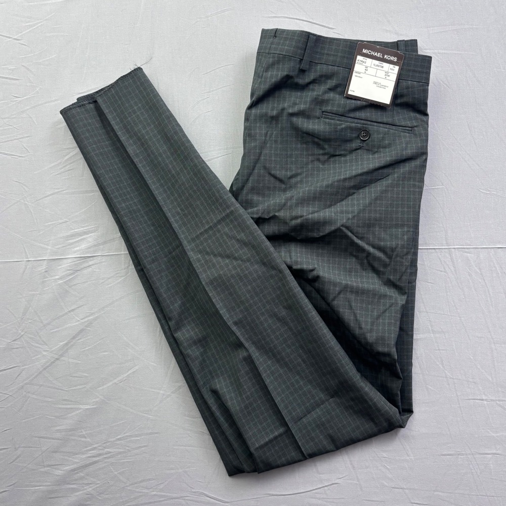 NWT Michael Kors Mens Charcoal Grey Plaid 100% Wool Dress Pants 37W Kyra2 Preppy